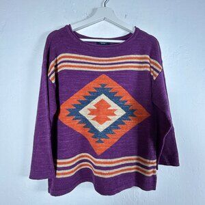 Chaps Womens Purple Aztec Southwest Design Cotton Sweater 3/4 Sleeve Large New